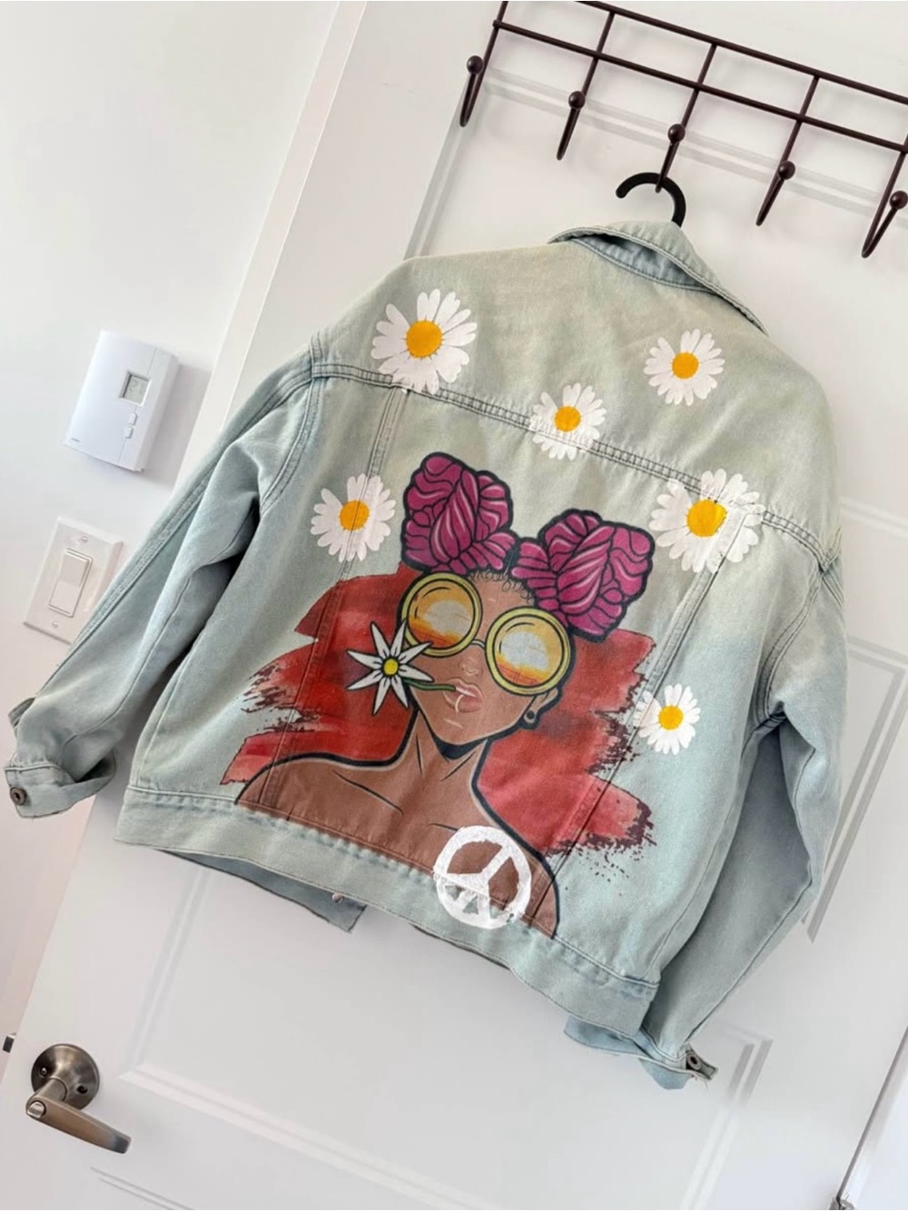 Hand-Painted Light Green Denim Jacket with Floral Graphic